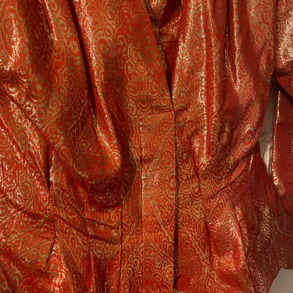 Vintage 80s Albert Nipon Silk Metallic Lurex Patterned Jacket Skirt Set XS 2 - Picture 2 of 5
